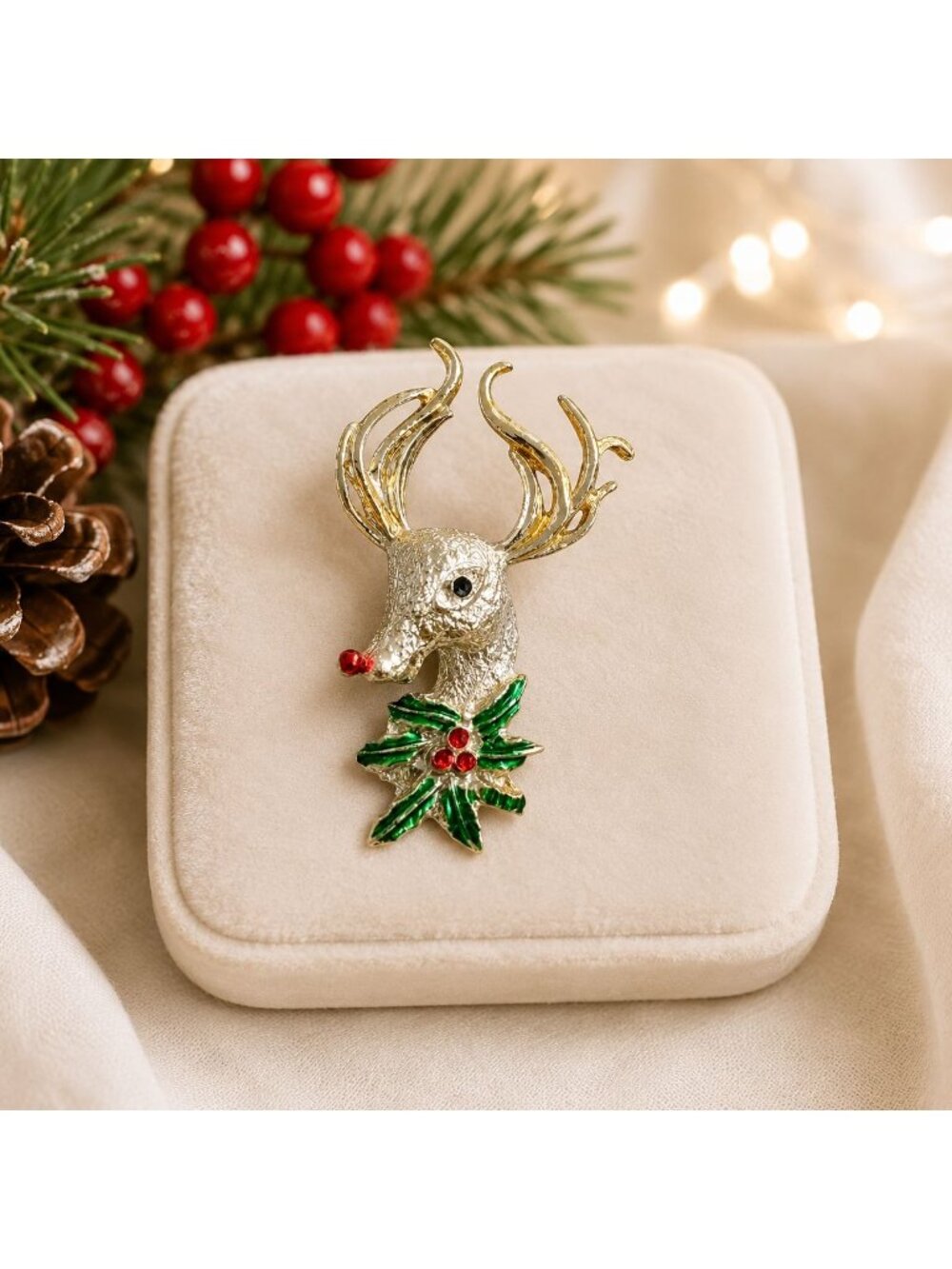 Vintage Christmas Rudolph Reindeer Brooch Gold Tone Holly Deer Pin By Gerrys